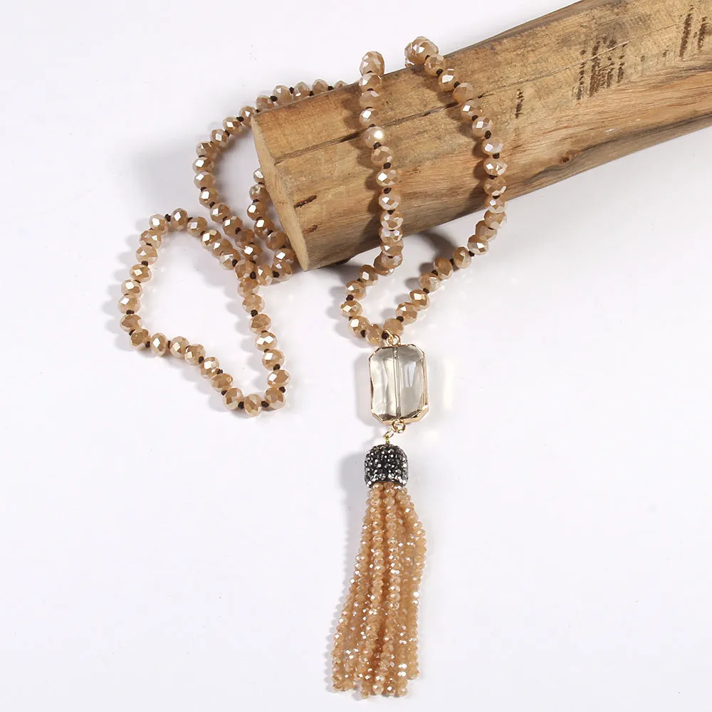 Square glass pendant necklace with glass tassel, electroplated finish, knot chain, 81cm length, bohemian style