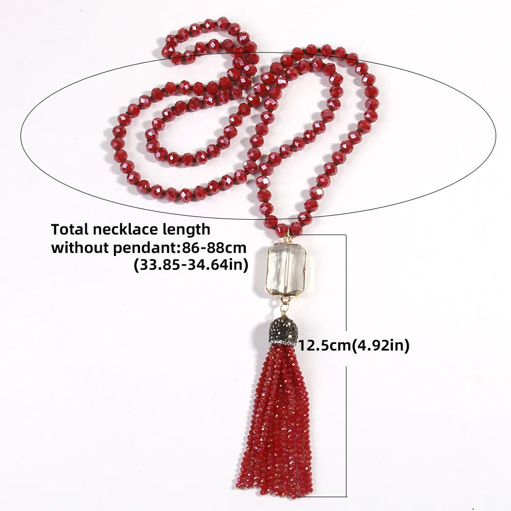 Square glass pendant necklace with glass tassel, electroplated finish, knot chain, 81cm length, bohemian style