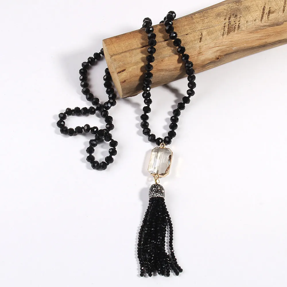 Square glass pendant necklace with glass tassel, electroplated finish, knot chain, 81cm length, bohemian style