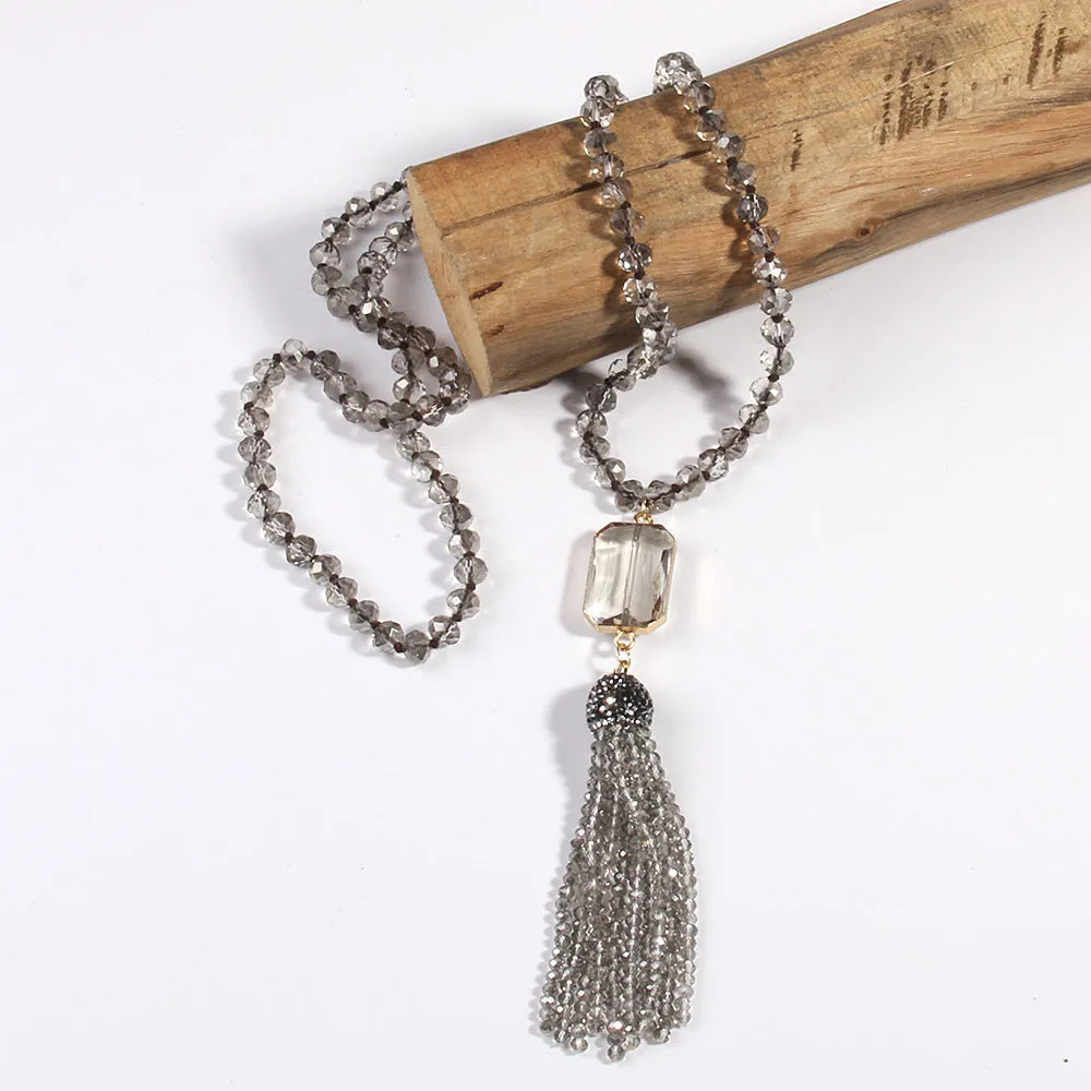 Square glass pendant necklace with glass tassel, electroplated finish, knot chain, 81cm length, bohemian style