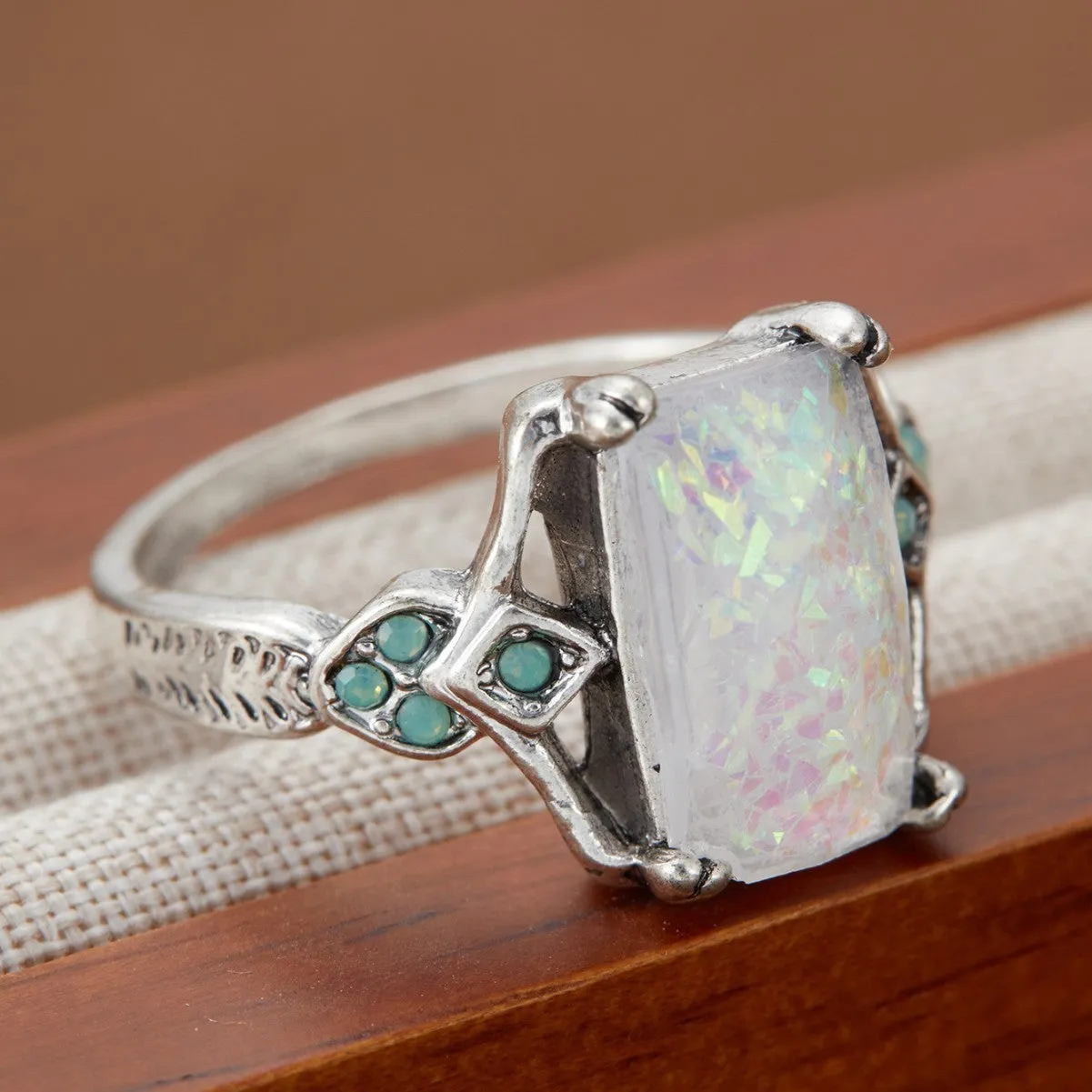 Rectangular white opal ancient silver ring ornament on silver alloy band, geometric style, available in sizes 6 to 10.