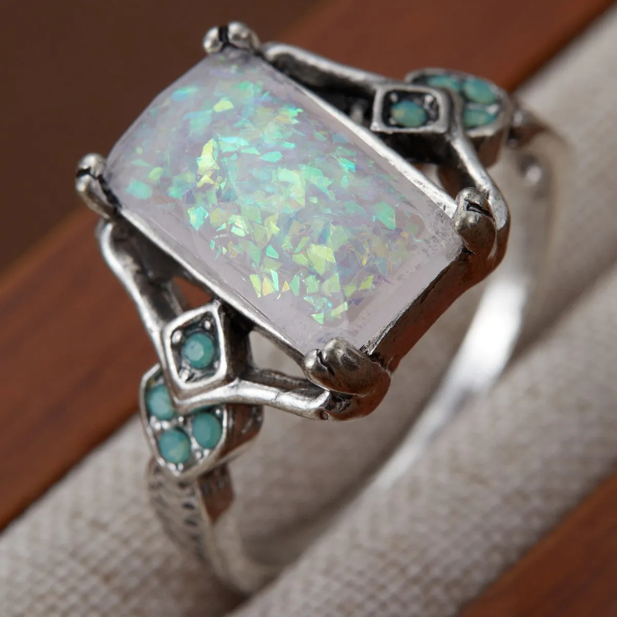 Rectangular white opal ancient silver ring ornament on silver alloy band, geometric style, available in sizes 6 to 10.