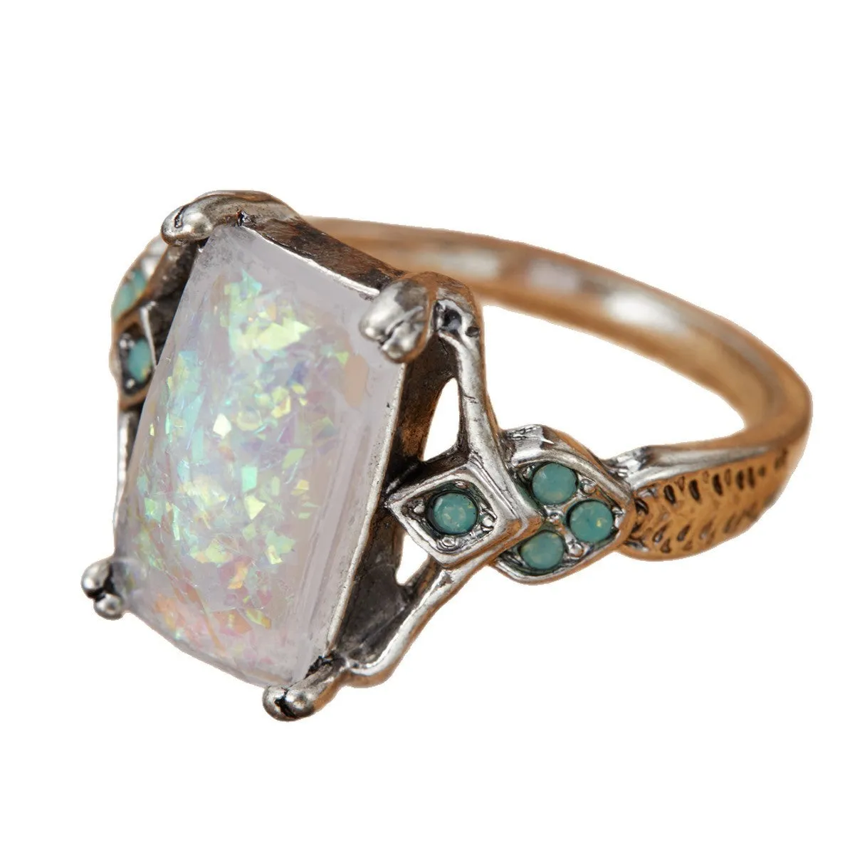 Rectangular white opal ancient silver ring ornament on silver alloy band, geometric style, available in sizes 6 to 10.