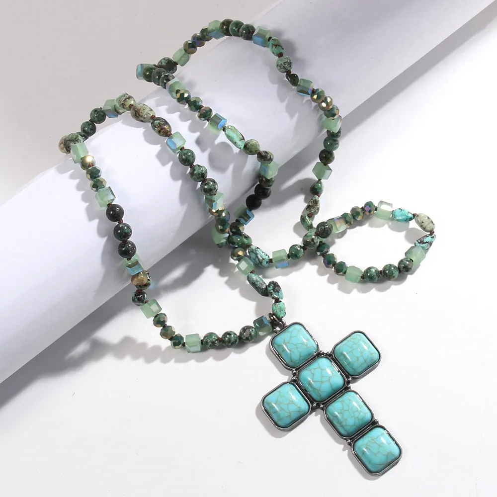 Glass and stone square cross pendant necklace with knotted chain in blue, 81cm long