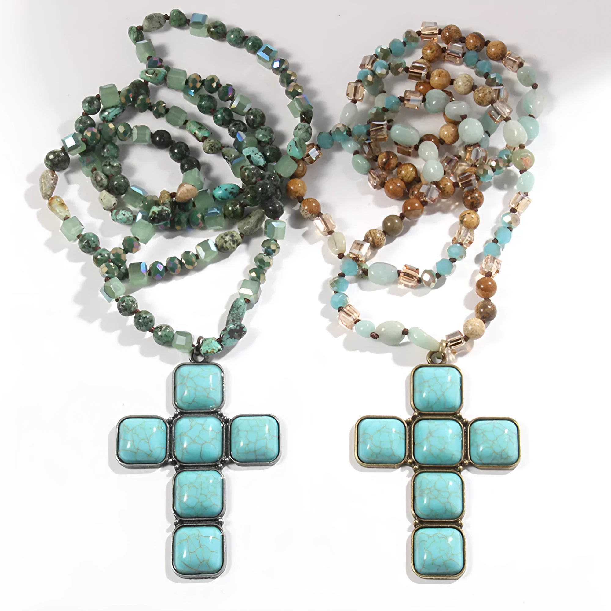 Glass and stone square cross pendant necklace with knotted chain in blue, 81cm long