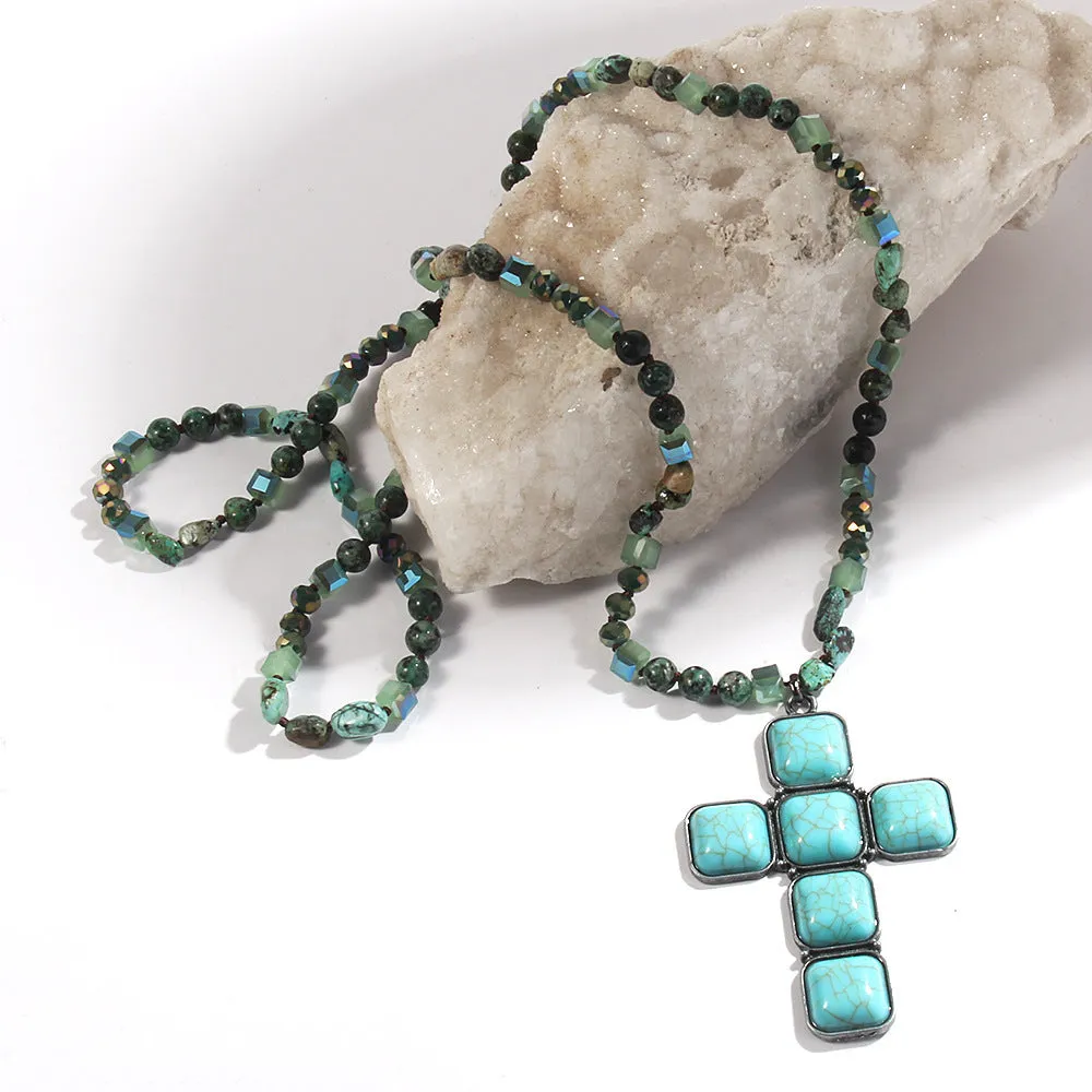Glass and stone square cross pendant necklace with knotted chain in blue, 81cm long