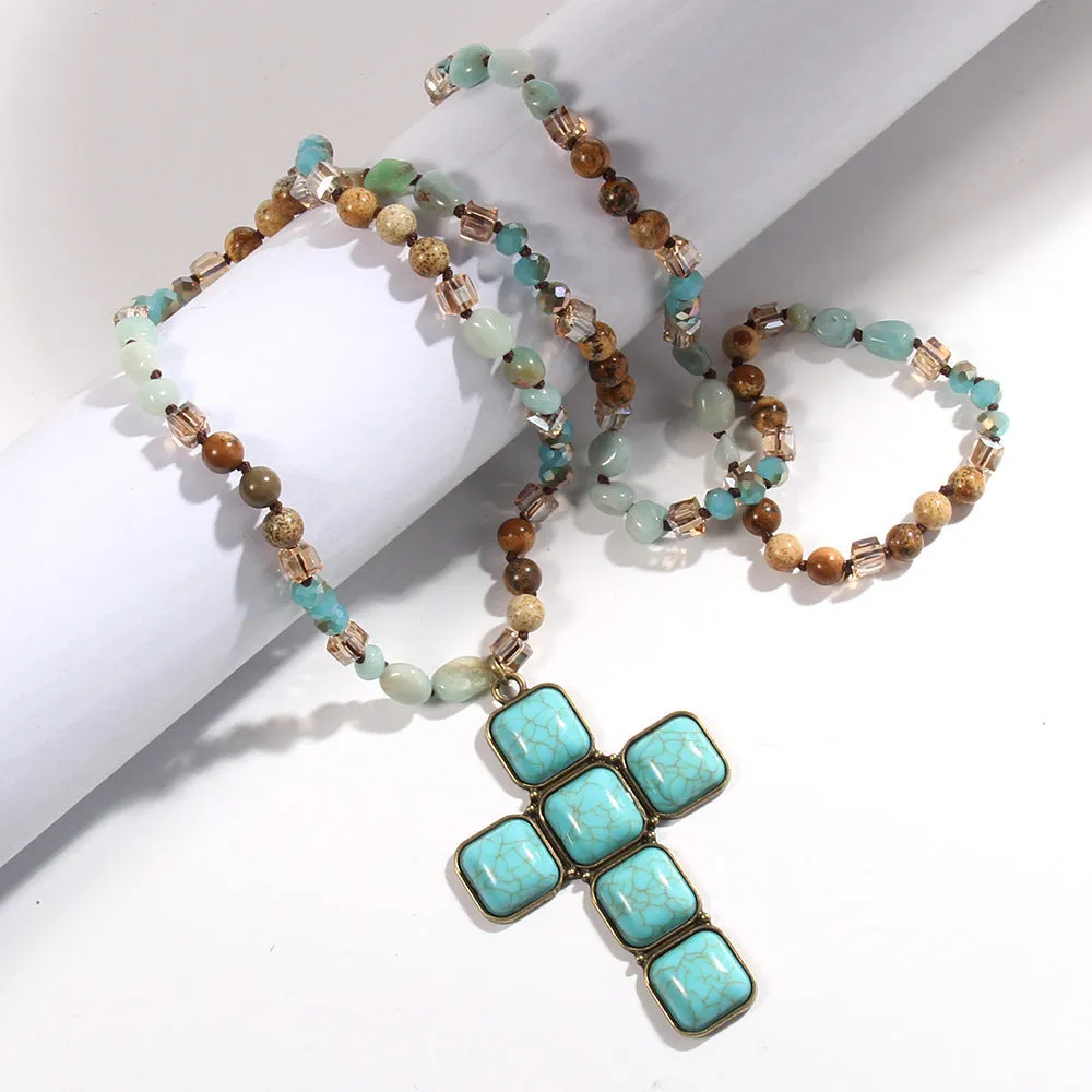 Glass and stone square cross pendant necklace with knotted chain in blue, 81cm long