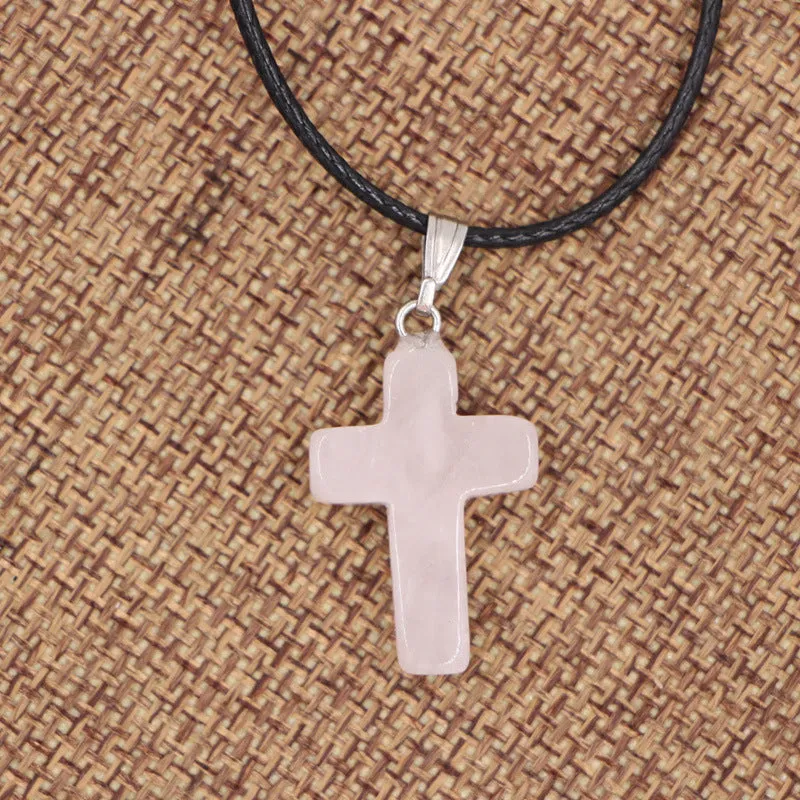 Natural stone cross marble pattern pendant necklace with alloy setting and snake chain, multiple colour options including amethyst and turquoise