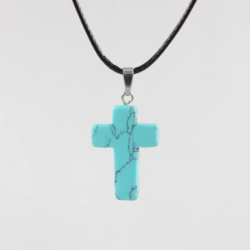 Natural stone cross marble pattern pendant necklace with alloy setting and snake chain, multiple colour options including amethyst and turquoise