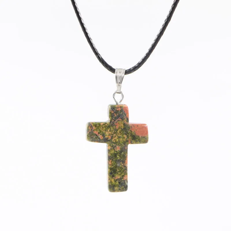 Natural stone cross marble pattern pendant necklace with alloy setting and snake chain, multiple colour options including amethyst and turquoise