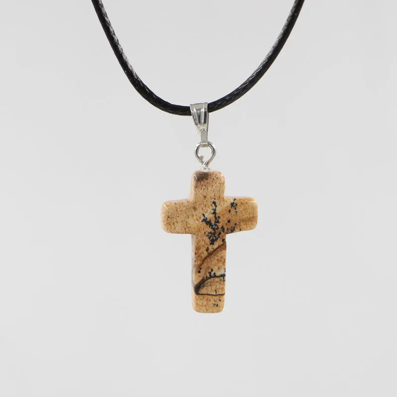 Natural stone cross marble pattern pendant necklace with alloy setting and snake chain, multiple colour options including amethyst and turquoise