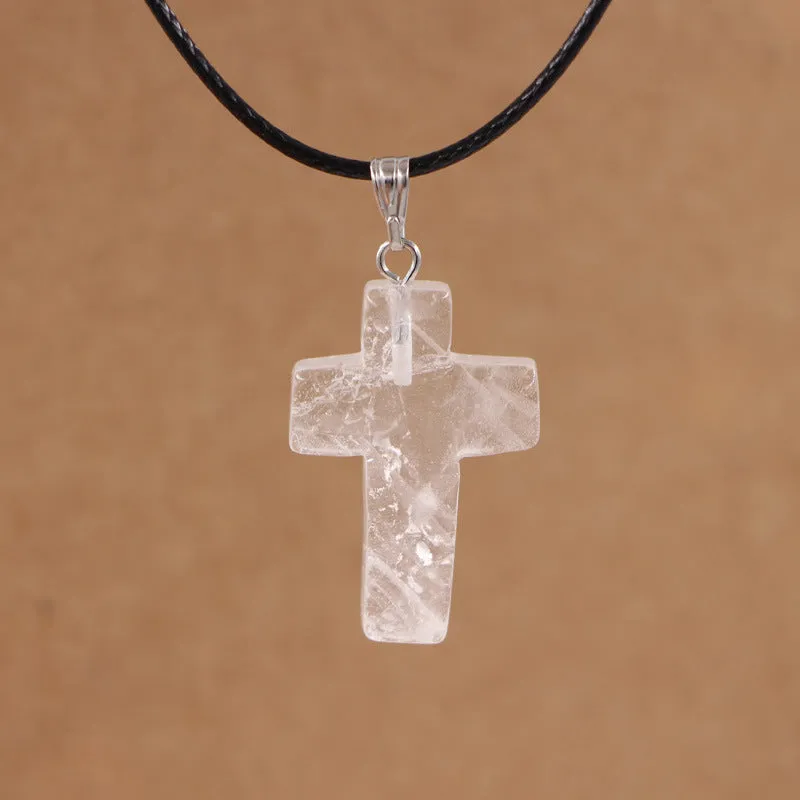 Natural stone cross marble pattern pendant necklace with alloy setting and snake chain, multiple colour options including amethyst and turquoise