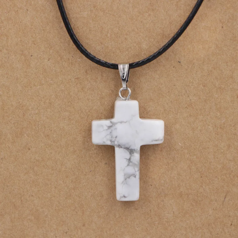 Natural stone cross marble pattern pendant necklace with alloy setting and snake chain, multiple colour options including amethyst and turquoise