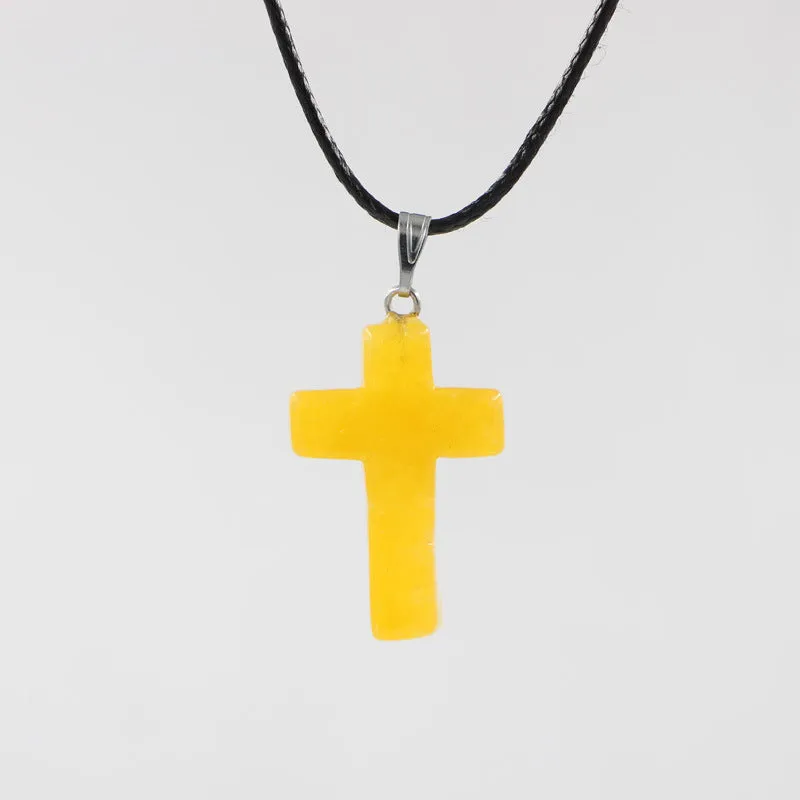 Natural stone cross marble pattern pendant necklace with alloy setting and snake chain, multiple colour options including amethyst and turquoise