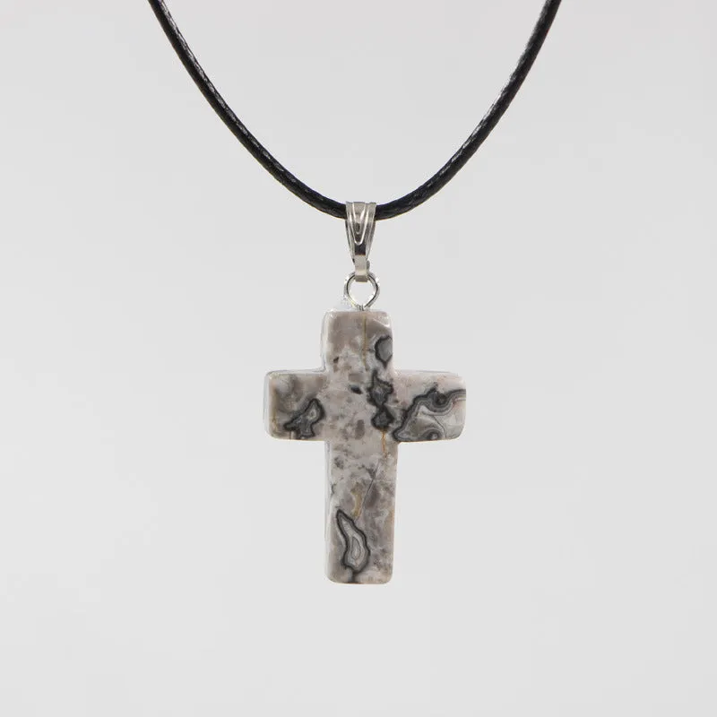 Natural stone cross marble pattern pendant necklace with alloy setting and snake chain, multiple colour options including amethyst and turquoise