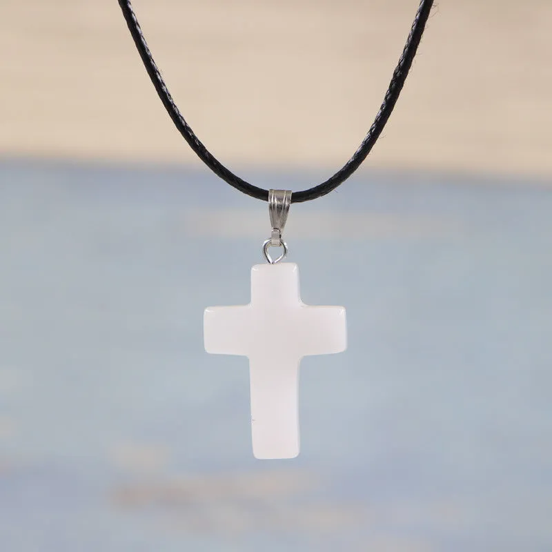 Natural stone cross marble pattern pendant necklace with alloy setting and snake chain, multiple colour options including amethyst and turquoise
