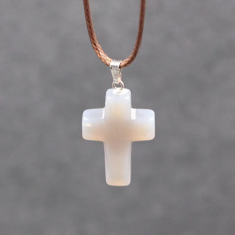 Natural stone cross marble pattern pendant necklace with alloy setting and snake chain, multiple colour options including amethyst and turquoise