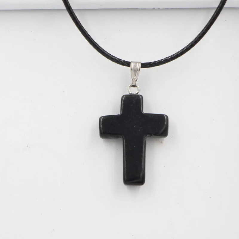 Natural stone cross marble pattern pendant necklace with alloy setting and snake chain, multiple colour options including amethyst and turquoise