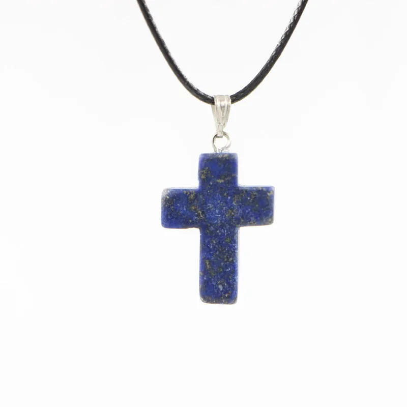 Natural stone cross marble pattern pendant necklace with alloy setting and snake chain, multiple colour options including amethyst and turquoise