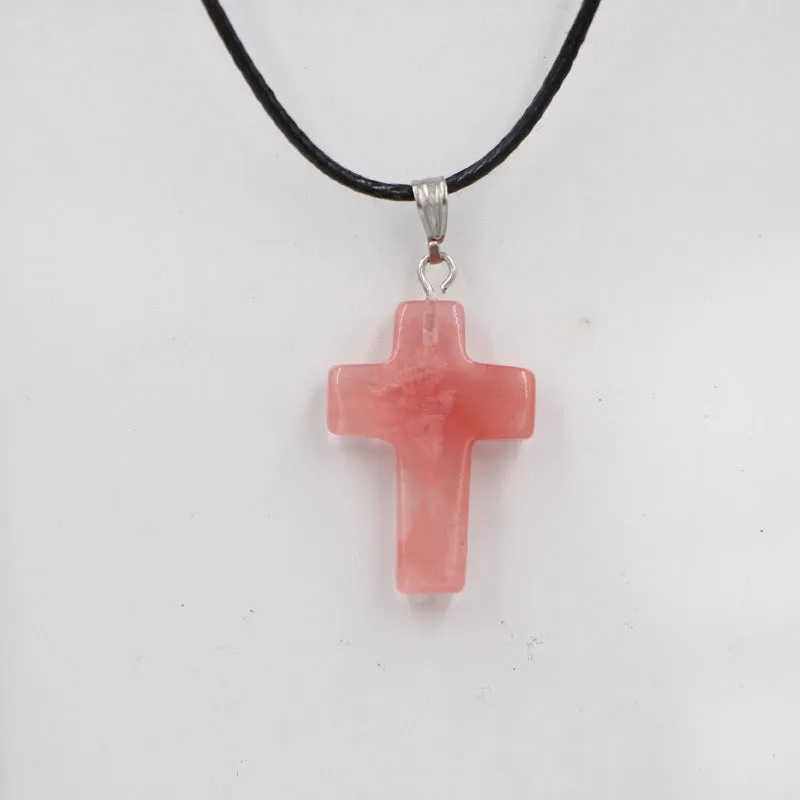 Natural stone cross marble pattern pendant necklace with alloy setting and snake chain, multiple colour options including amethyst and turquoise