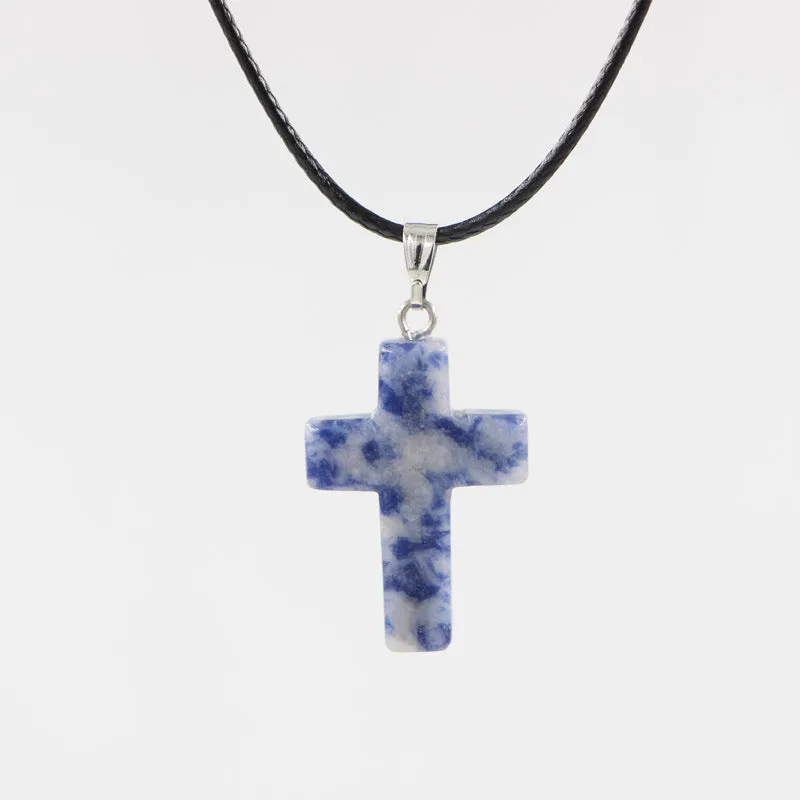 Natural stone cross marble pattern pendant necklace with alloy setting and snake chain, multiple colour options including amethyst and turquoise