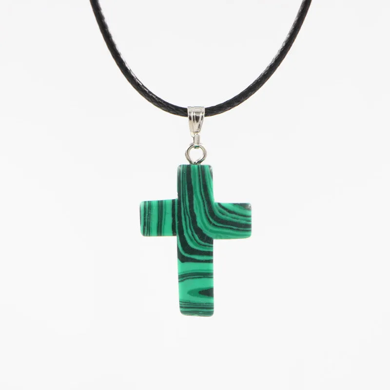 Natural stone cross marble pattern pendant necklace with alloy setting and snake chain, multiple colour options including amethyst and turquoise