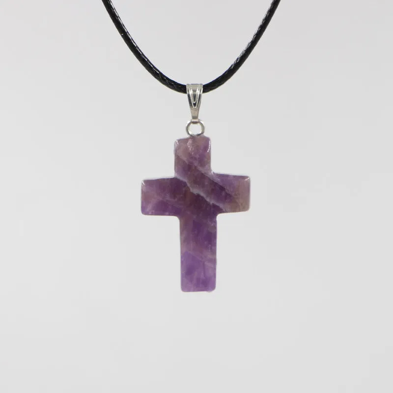 Natural stone cross marble pattern pendant necklace with alloy setting and snake chain, multiple colour options including amethyst and turquoise