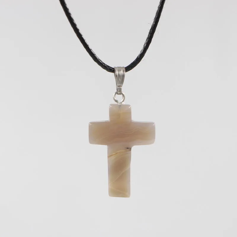 Natural stone cross marble pattern pendant necklace with alloy setting and snake chain, multiple colour options including amethyst and turquoise