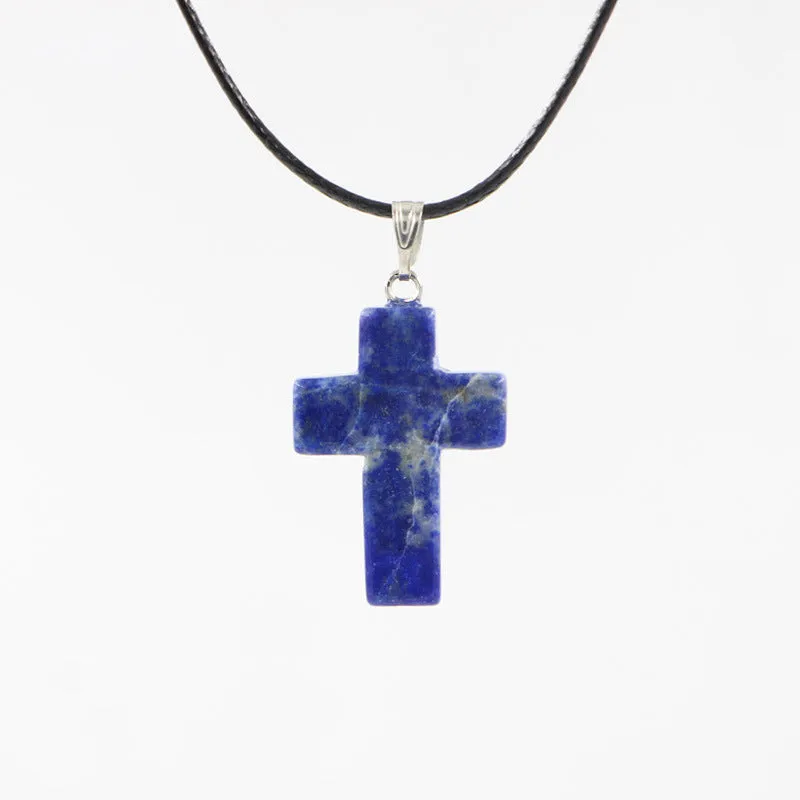 Natural stone cross marble pattern pendant necklace with alloy setting and snake chain, multiple colour options including amethyst and turquoise