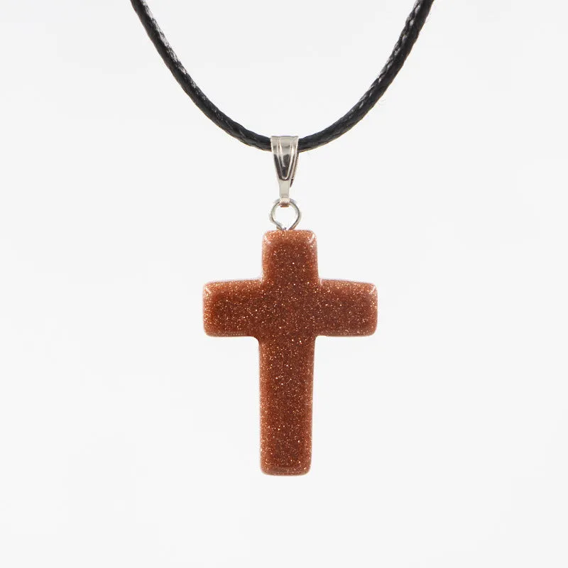 Natural stone cross marble pattern pendant necklace with alloy setting and snake chain, multiple colour options including amethyst and turquoise