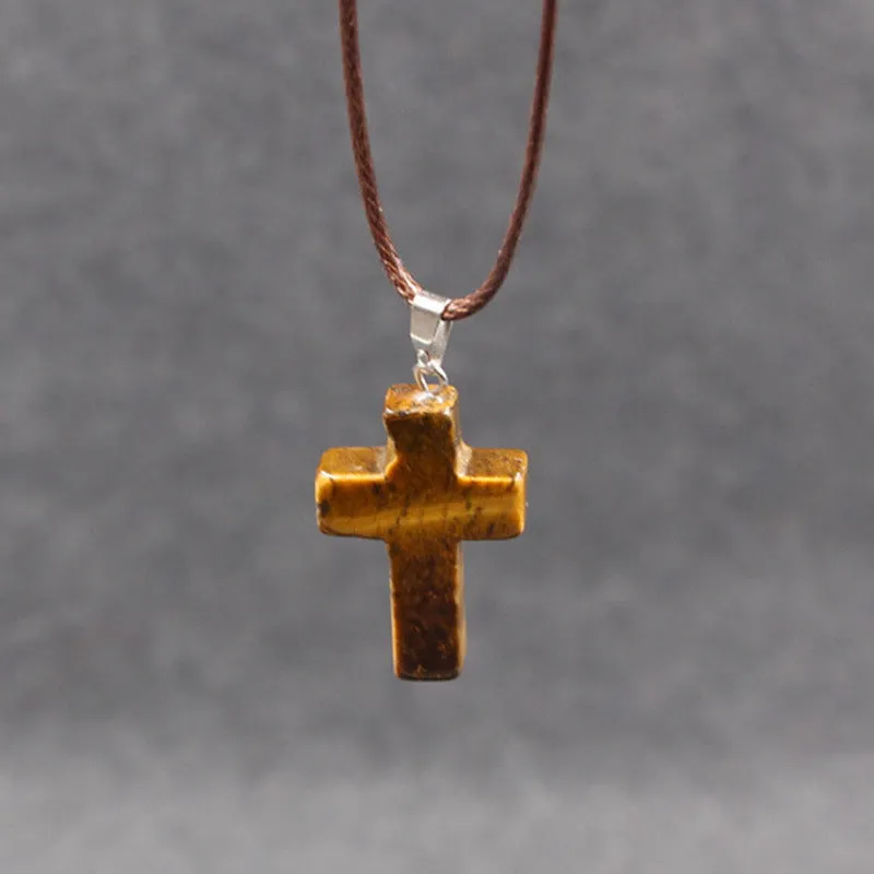 Natural stone cross marble pattern pendant necklace with alloy setting and snake chain, multiple colour options including amethyst and turquoise