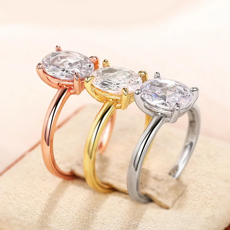 Oval masonry ring for women in copper with inlaid zircon, white gold colour finish, size No 7
