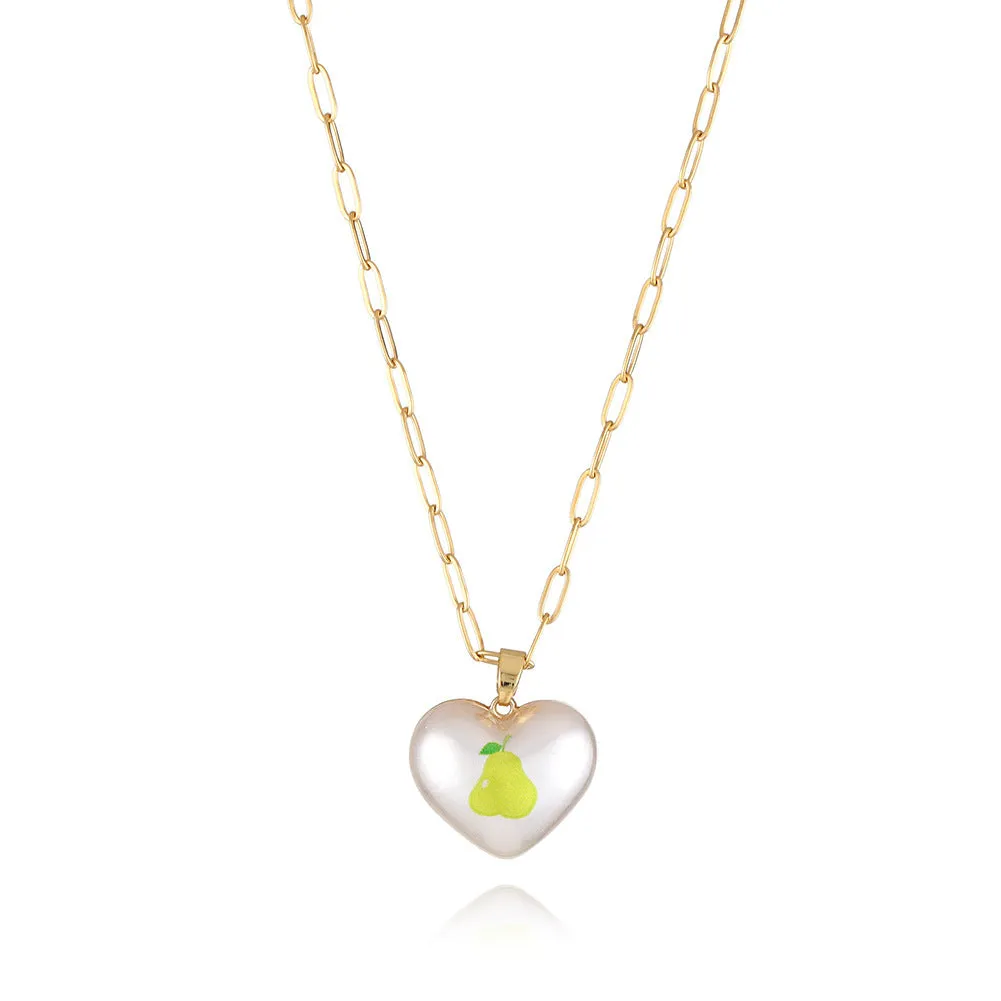 Heart-shaped necklace with geometric chain and a detailed fruit pendant charm, adjustable from 21cm to 50cm.