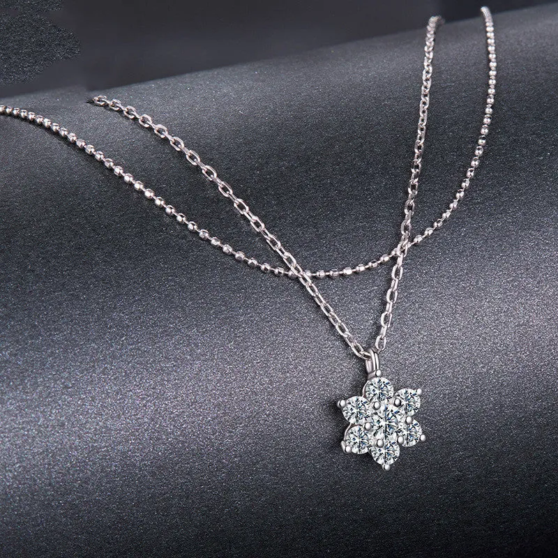 Original winter snowflake double layer moissanite necklace in 925 silver with adjustable O-shaped chain