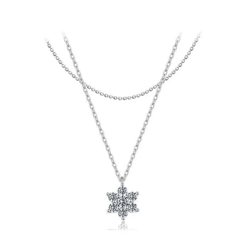 Original winter snowflake double layer moissanite necklace in 925 silver with adjustable O-shaped chain