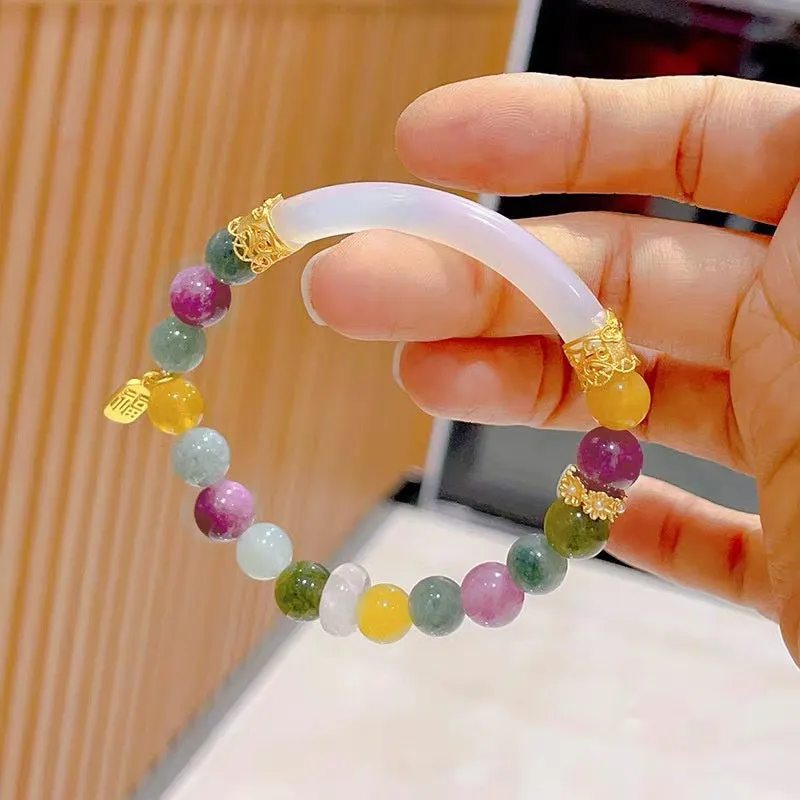 Rainbow coloured tourmaline half bracelet for women with an electroplated finish.