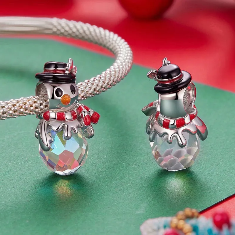 Christmas snowman S925 sterling silver bead with snowflake design on white background