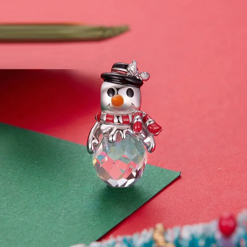 Christmas snowman S925 sterling silver bead with snowflake design on white background