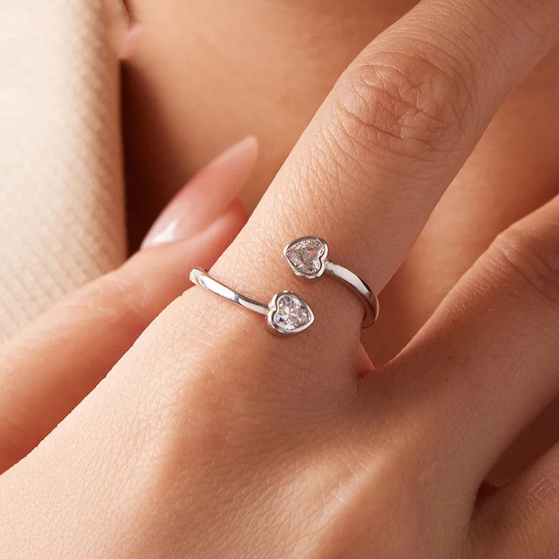 S925 sterling silver double heart-shaped open ring for women Valentine gift on plain background