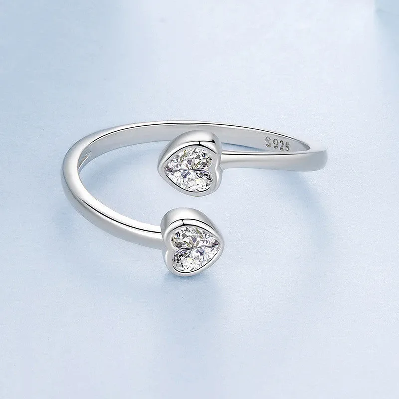 S925 sterling silver double heart-shaped open ring for women Valentine gift on plain background