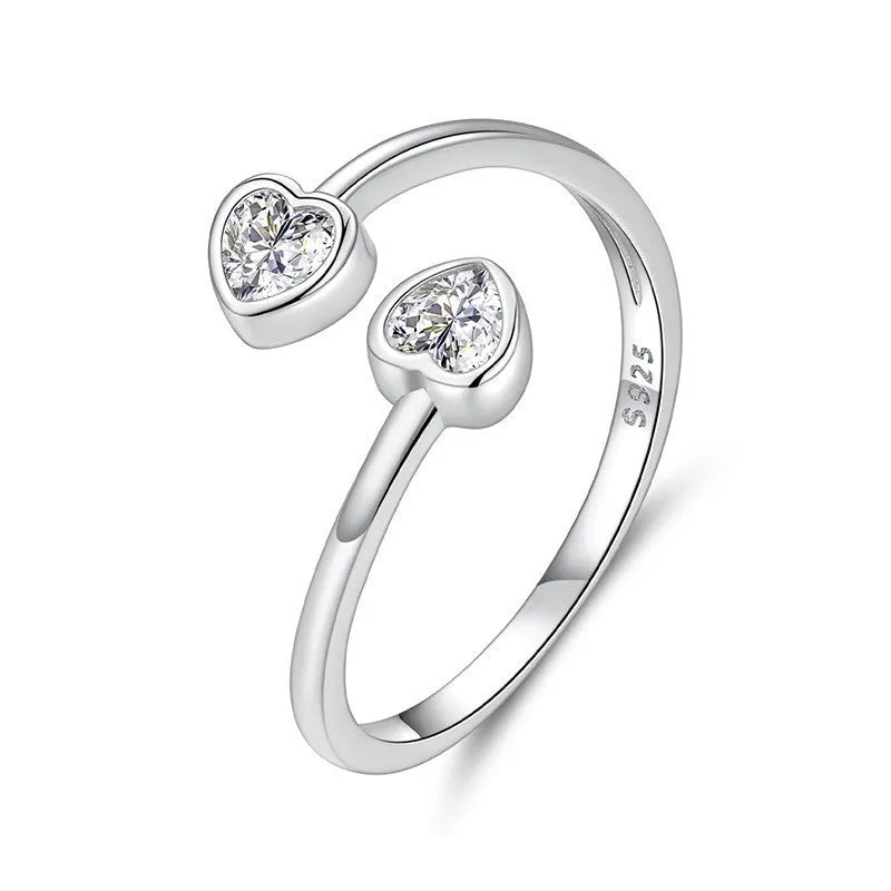 S925 sterling silver double heart-shaped open ring for women Valentine gift on plain background