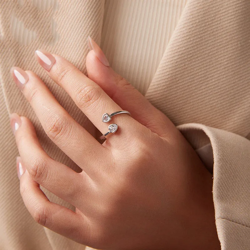 S925 sterling silver double heart-shaped open ring for women Valentine gift on plain background