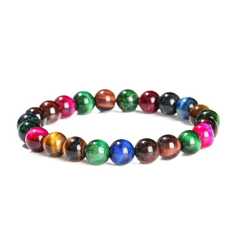 Colourful Tiger Eye natural stone bracelet with round beads on mixed string