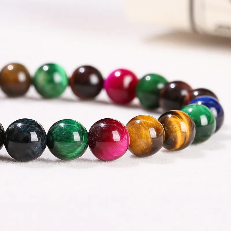 Colourful Tiger Eye natural stone bracelet with round beads on mixed string