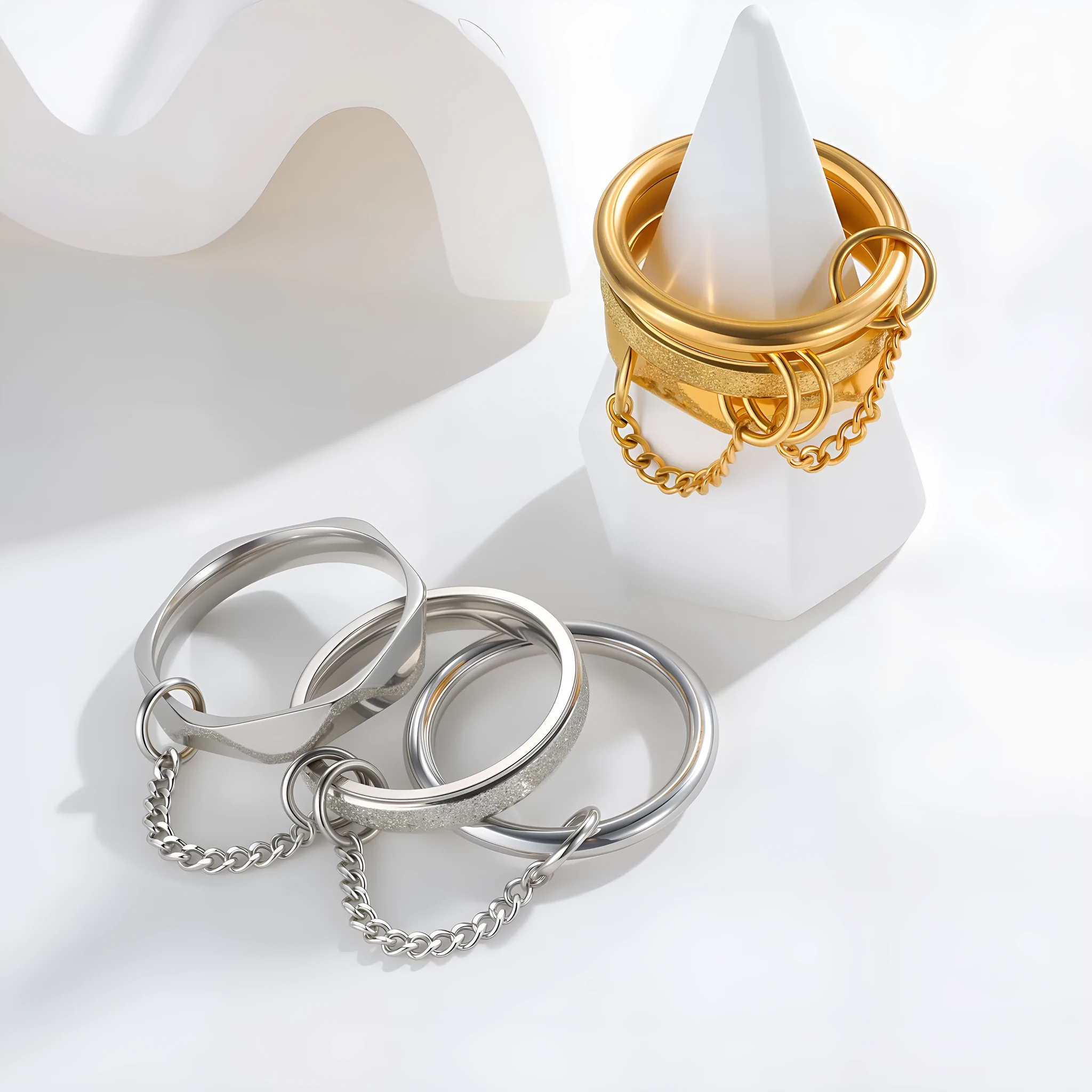 Titanium steel stacked ring for women, multi-ring combination geometric style, gold finish