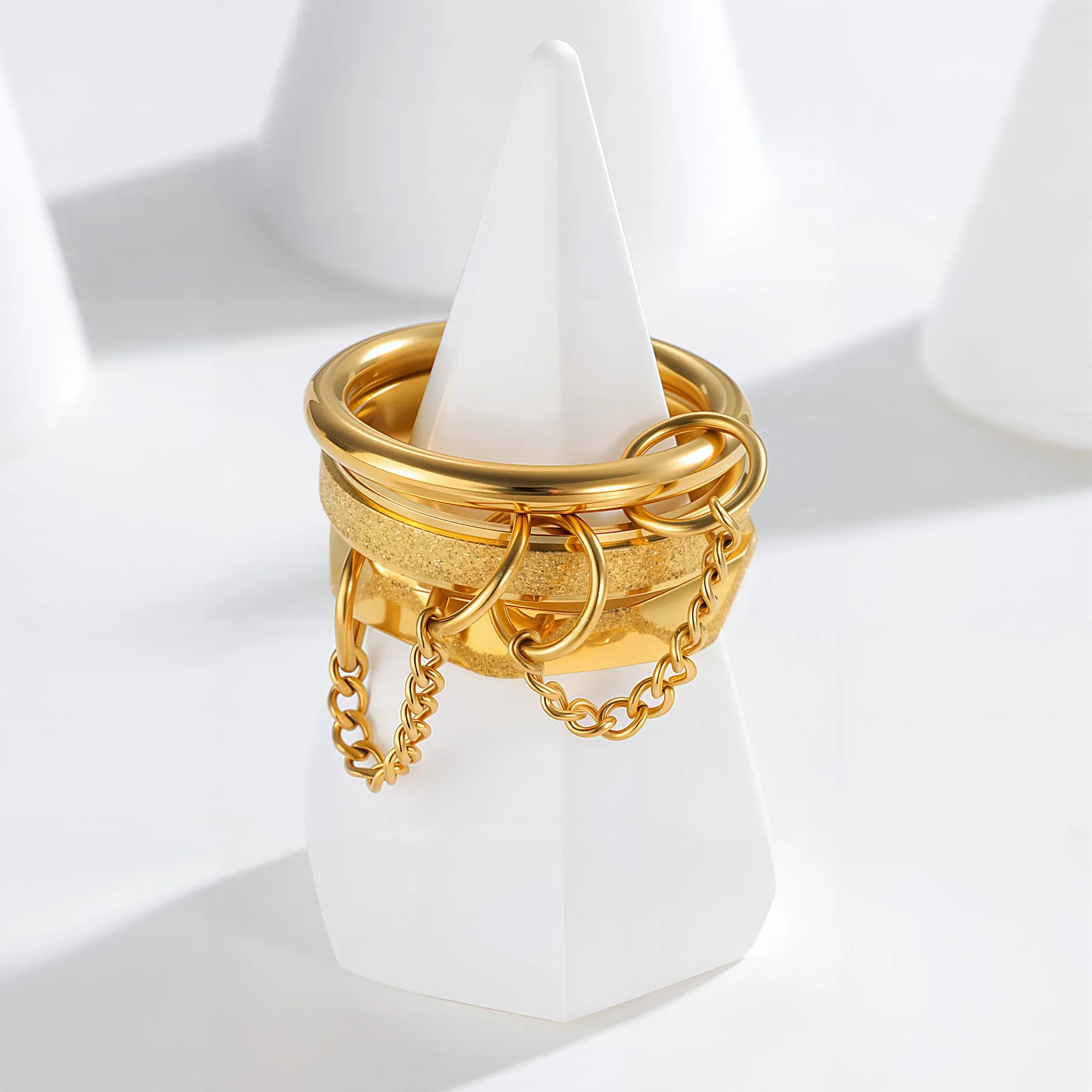 Titanium steel stacked ring for women, multi-ring combination geometric style, gold finish