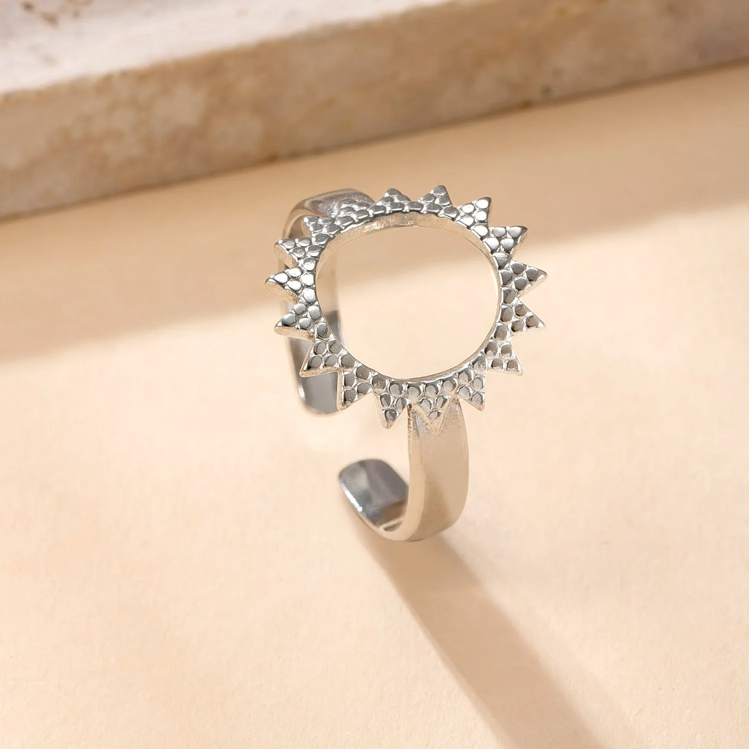 Stainless steel open ring with hollow star and moon design, electroplating finish, unisex average size.