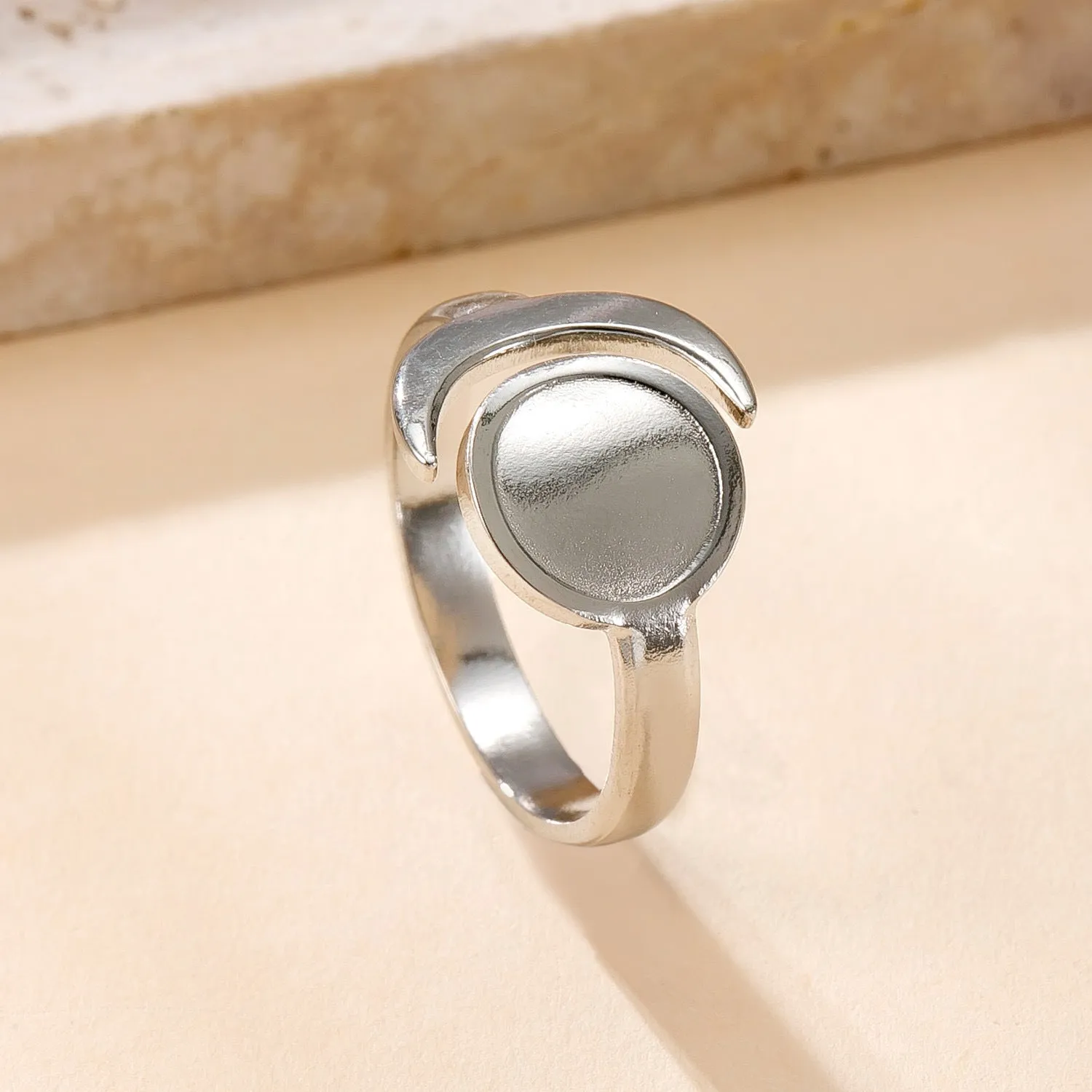 Stainless steel open ring with hollow star and moon design, electroplating finish, unisex average size.