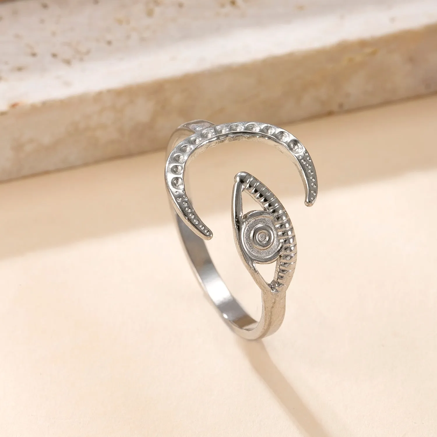 Stainless steel open ring with hollow star and moon design, electroplating finish, unisex average size.