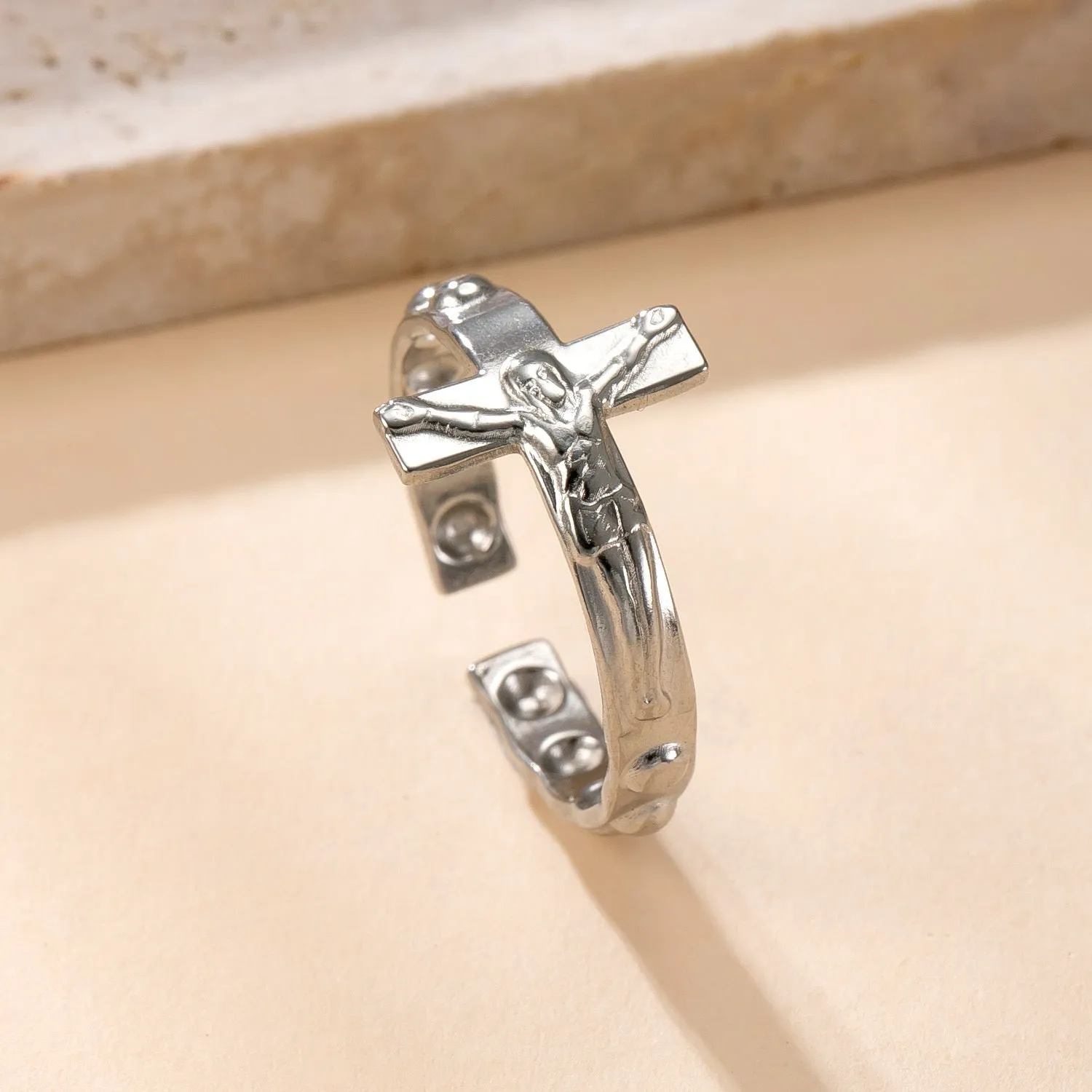 Stainless steel open ring with hollow star and moon design, electroplating finish, unisex average size.
